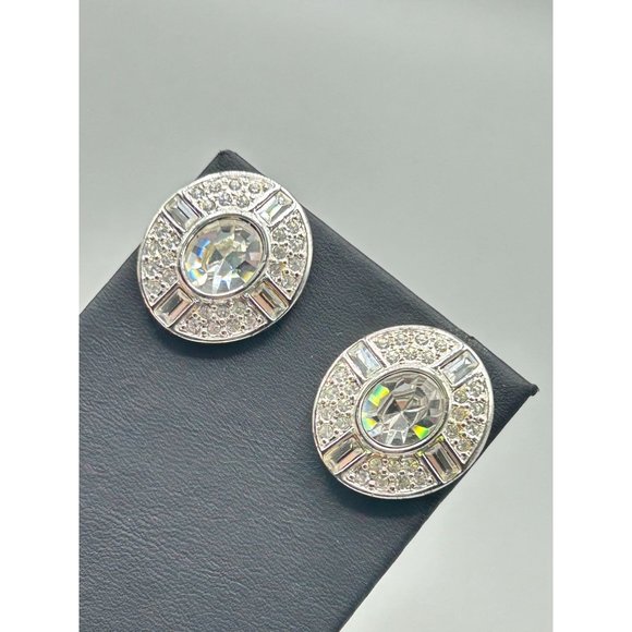 Signed NAPIER Vintage Pierced Studs Earrings Silver Tone and Clear Rhinestones - Picture 3 of 6